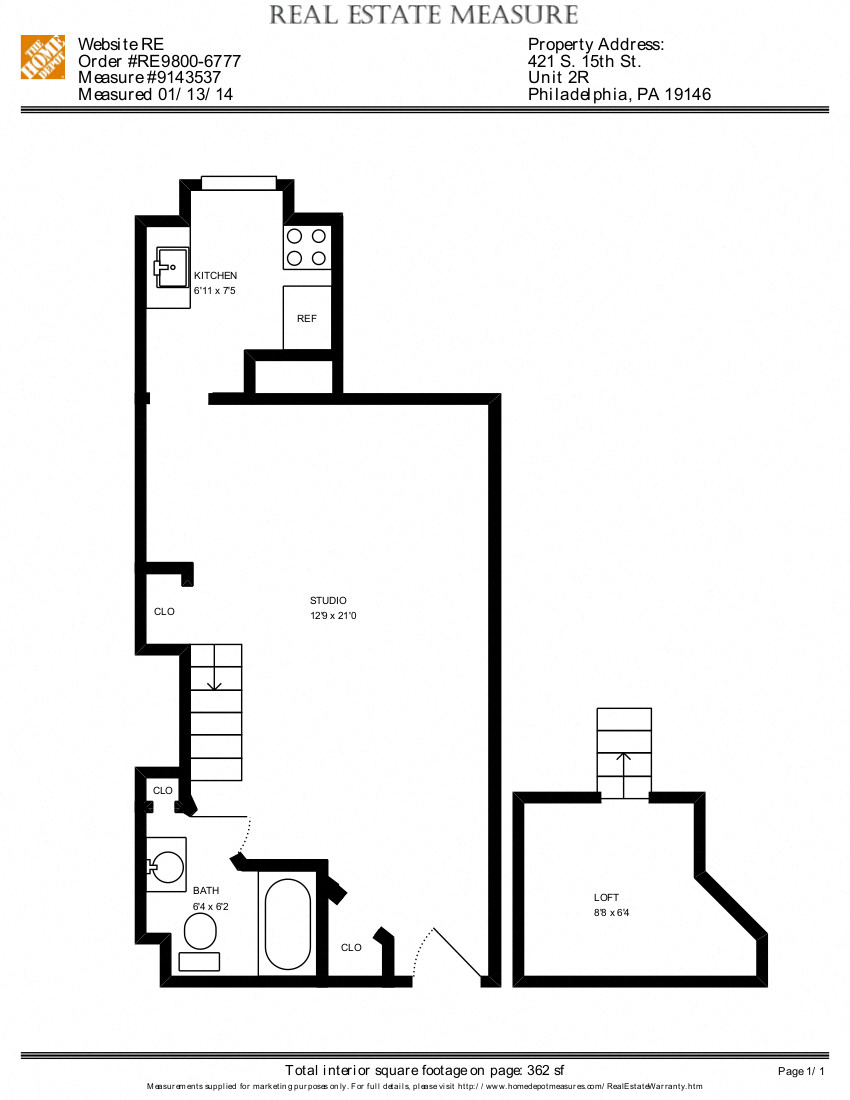 Floor plan for studio, 1 bath, 1 sqft